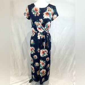 Navy floral burst wrap top cropped jumpsuit with pockets size small